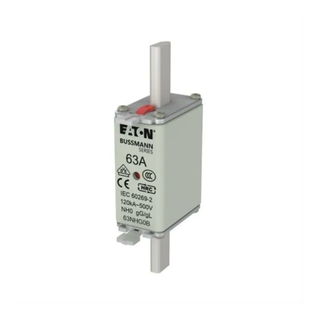 Eaton Bussmann 63NHG0B 63A NH size 0 dual fuse link for IEC 60269 class gL-gG low-voltage overcurrent protection in industrial and commercial distribution systems