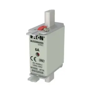 Eaton Bussmann Series 6A NH000 HRC fuse link 6NHG000B with blade contacts and red indicator on white background available from Shansen Enterprises authorized channel partner Coimbatore India