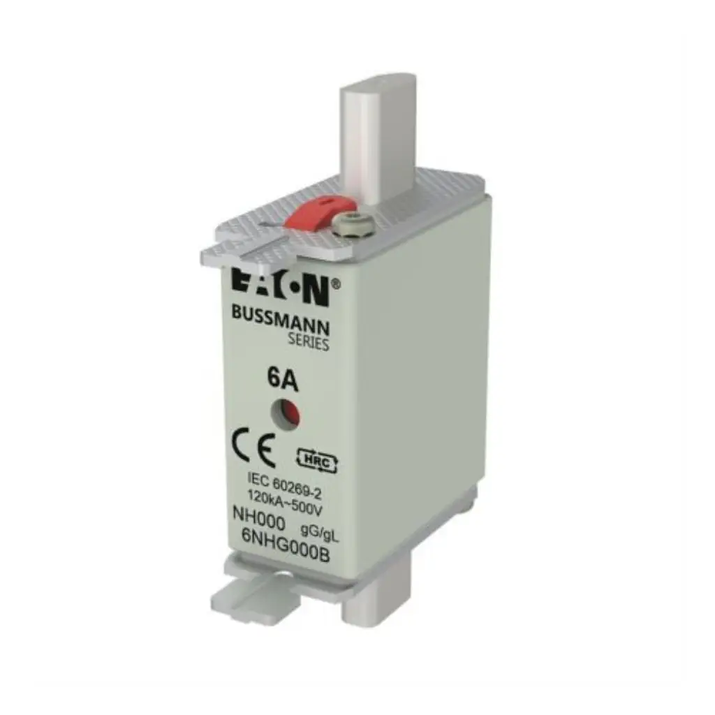 Eaton Bussmann Series 6A NH000 HRC fuse link 6NHG000B with blade contacts and red indicator on white background available from Shansen Enterprises authorized channel partner Coimbatore India