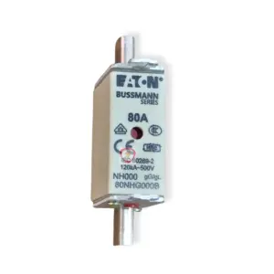 Eaton Bussmann Series 80A NH000 industrial fuse link rated 120kA at 500V with blade contacts and indicator
