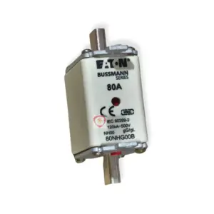 Eaton Bussmann Series 80A NH00 industrial fuse link rated 120kA at 500V with blade contacts and indicator