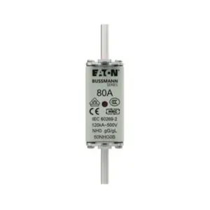 Eaton Bussmann 80NHG0B 80A NH size 0 gL-gG low-voltage DIN fuse link for switchgear, distribution panels, and industrial feeder circuit protection