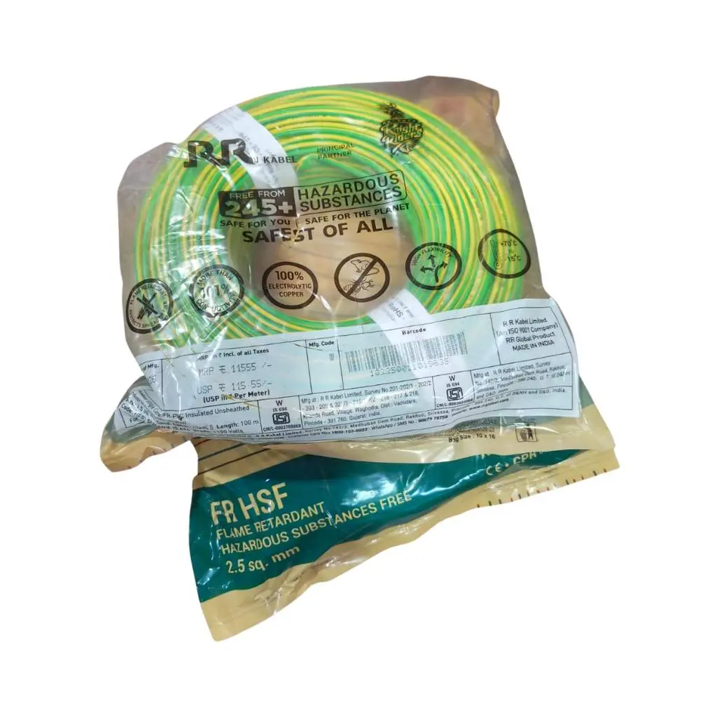 RR Kabel FR HSF 2.5 sq mm Yellow Green Multistrand Earth Wire 100m Coil — Class 5, IS 694, Hazardous Substances Free