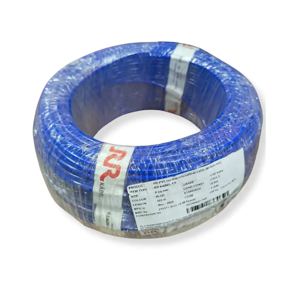 RR Kabel FR-PVC 6 sq mm Blue Multistrand Industrial Cable 100m Coil — Class 5, IS 694, 1100V