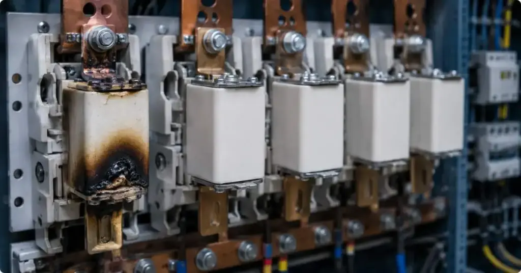 NH fuse links installed in an industrial panel board showing heat damage on blade contacts - common fuse failure in Indian industrial installations